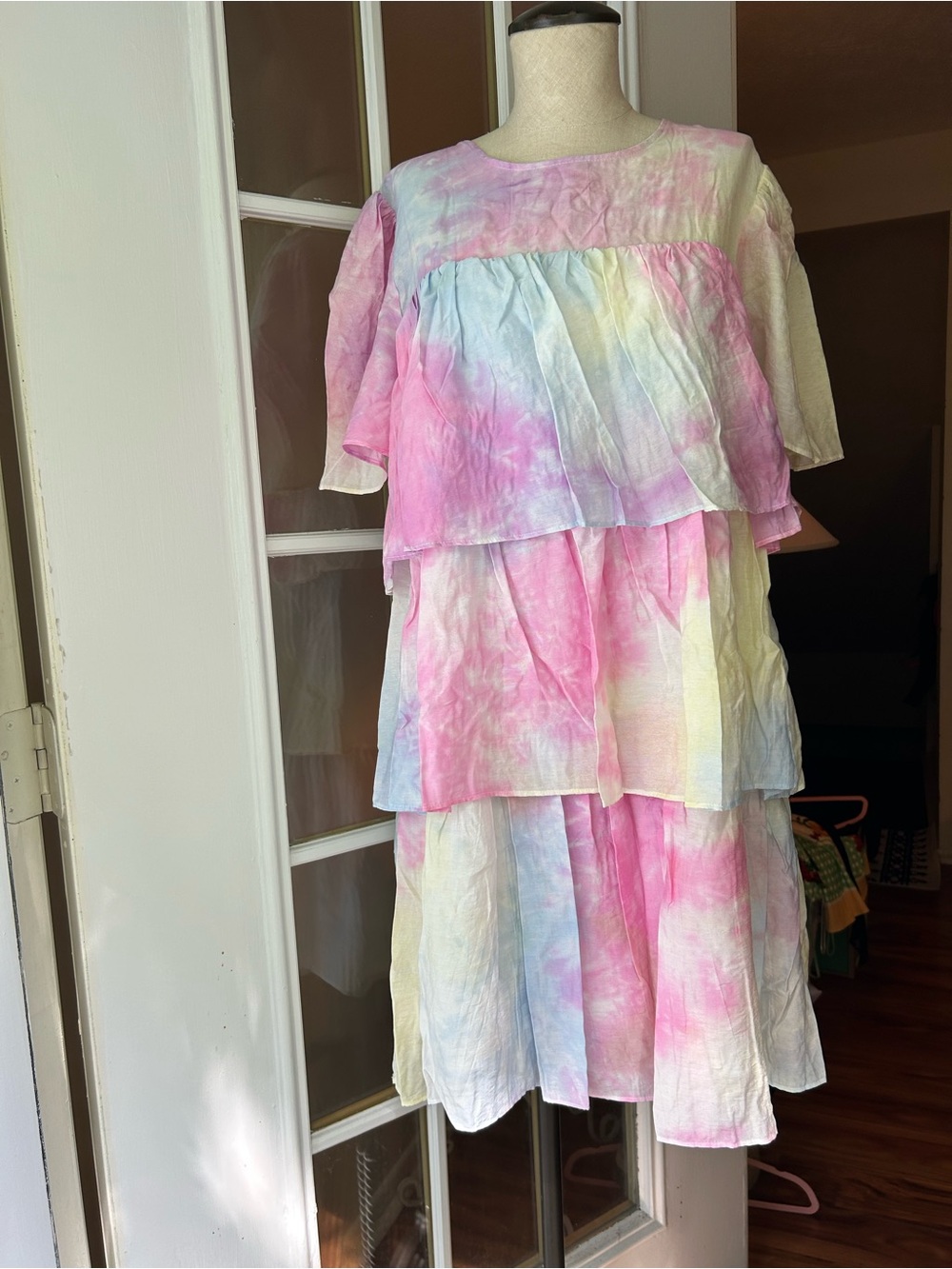 English Factory Pastel Tie-Dye Tiered Dress - Pink, Blue, Yellow. Small.